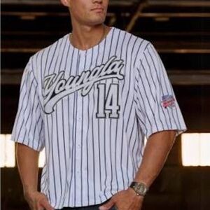 YoungLA White Pinstripe Baseball Jersey with Script Logo and 14